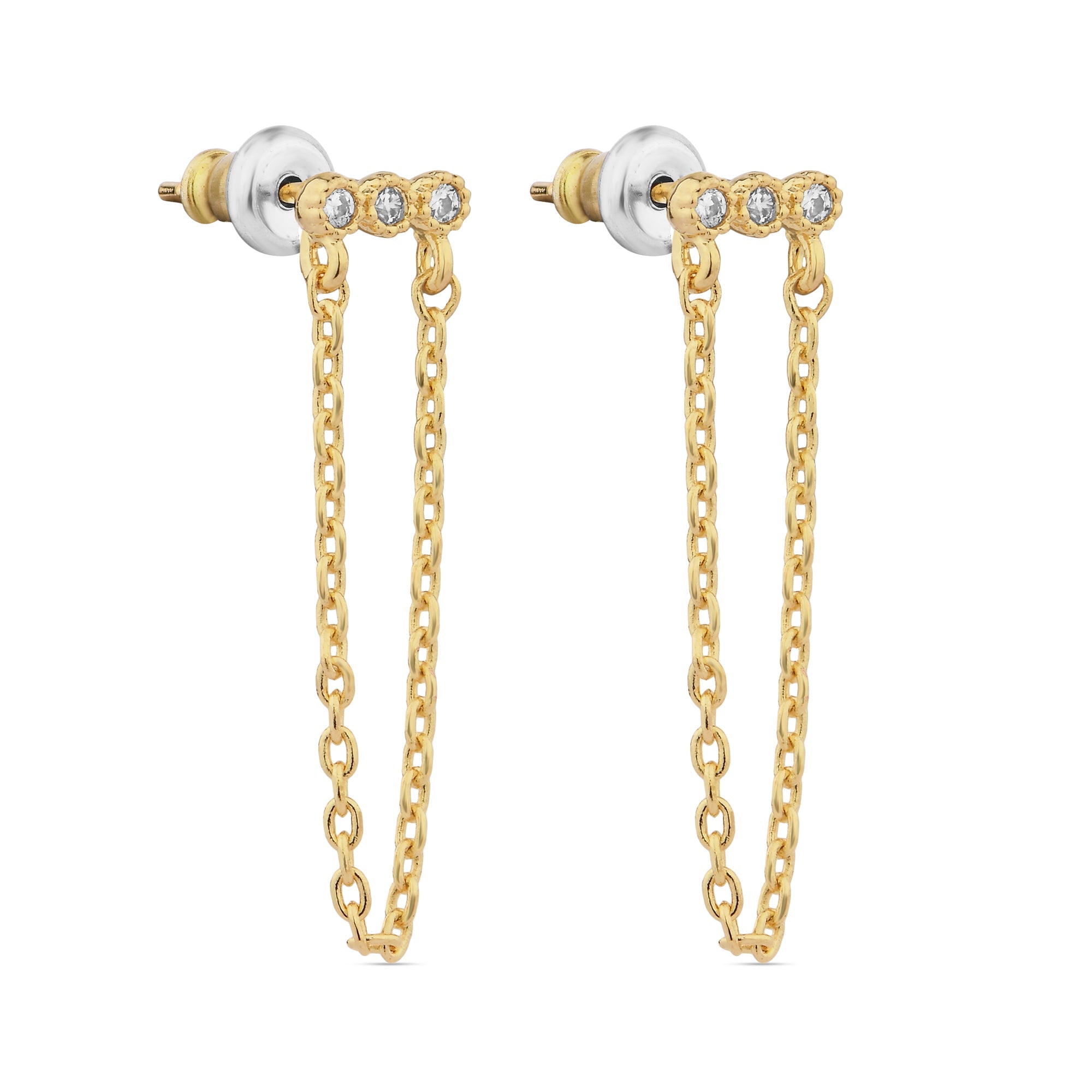 Real Gold-Plated Z Triple Sparkle Chain Earrings