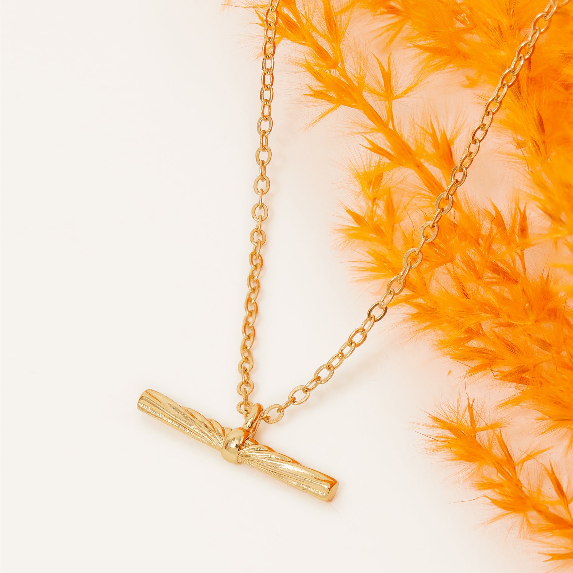 Real Gold Plated Gold Z Sunray T-Bar Pendant Necklace