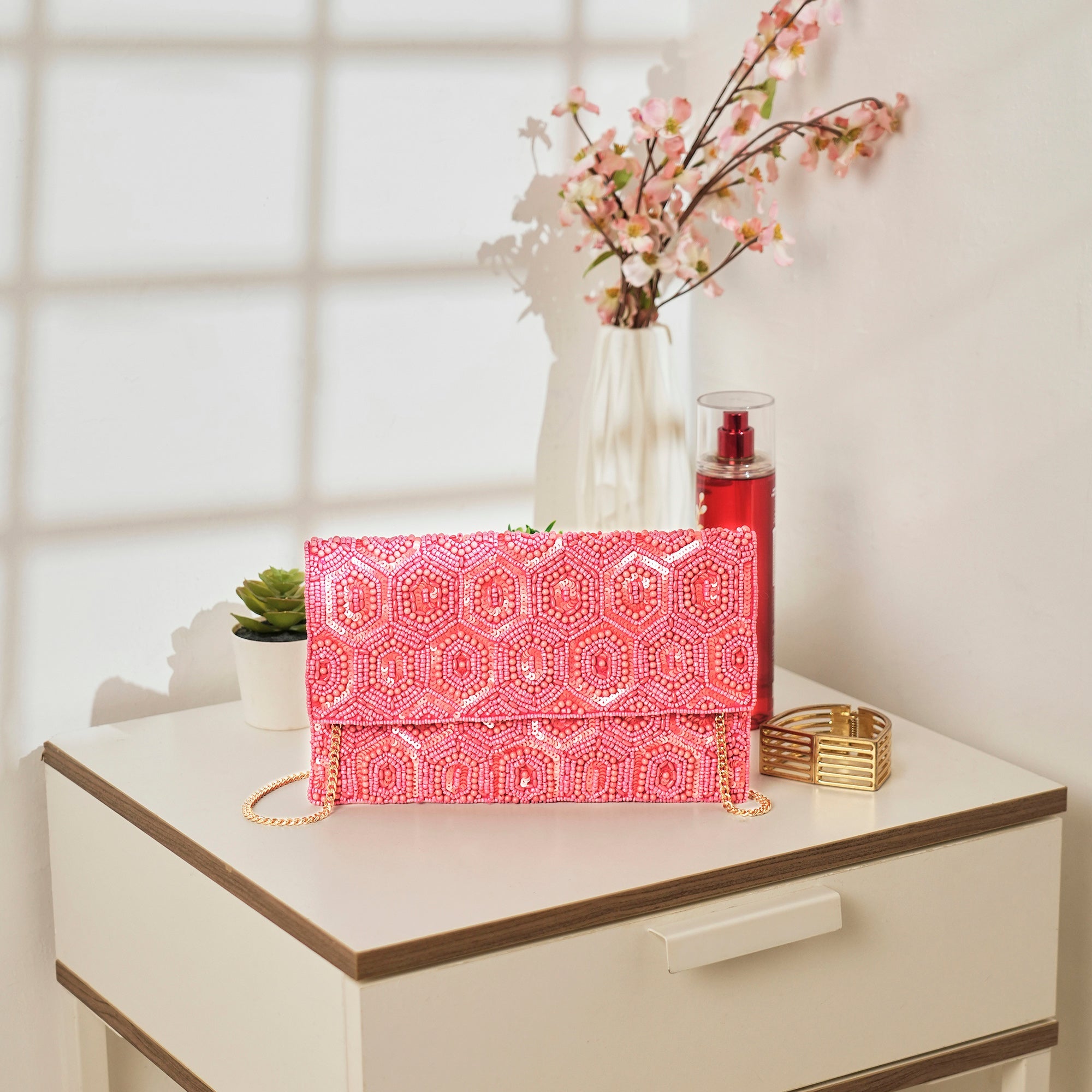 Accessorize London Women's Pink Classic Beaded Embellished Clutch