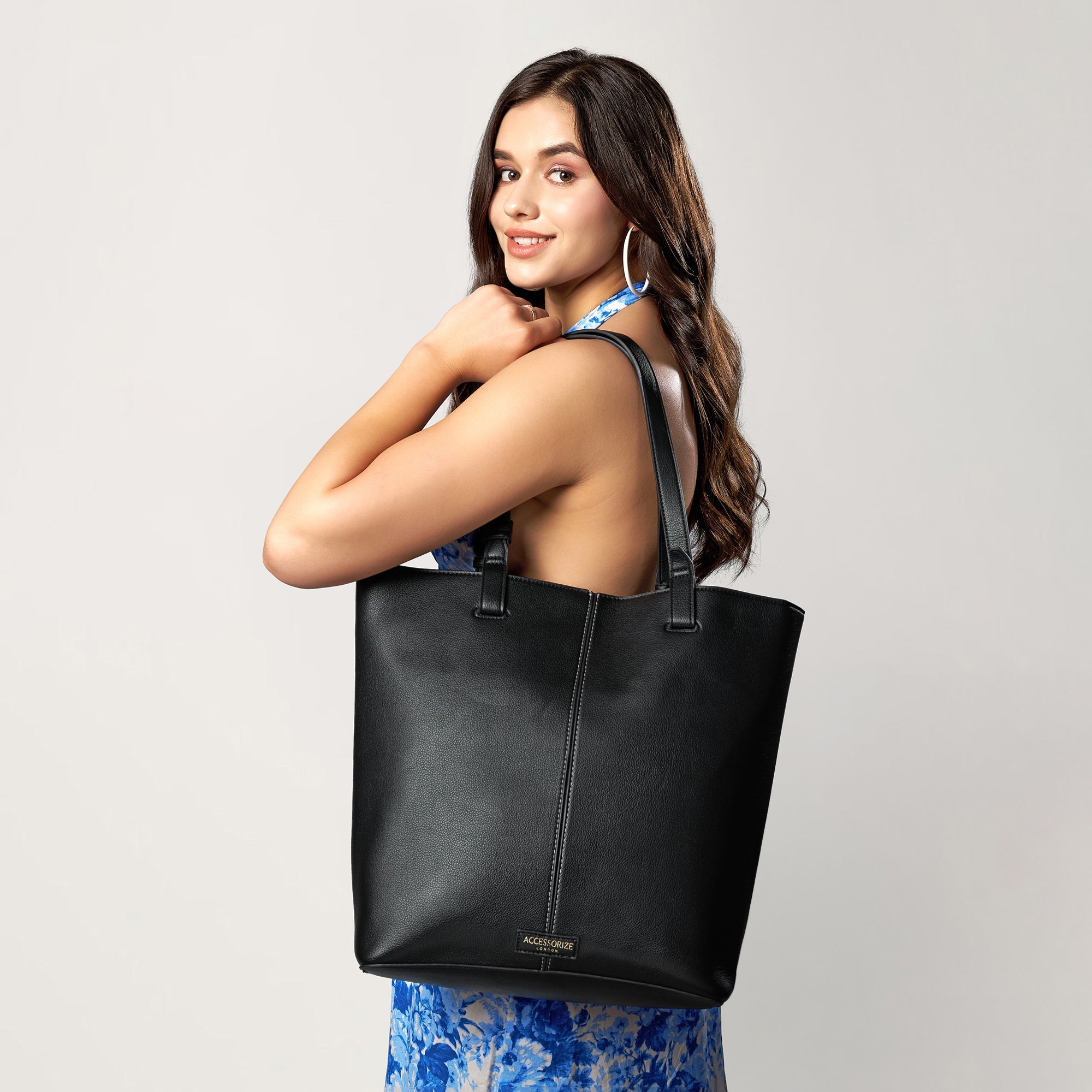 Accessorize London Women's Faux Leather Black Contrast Stitch Laptop Tote Bag