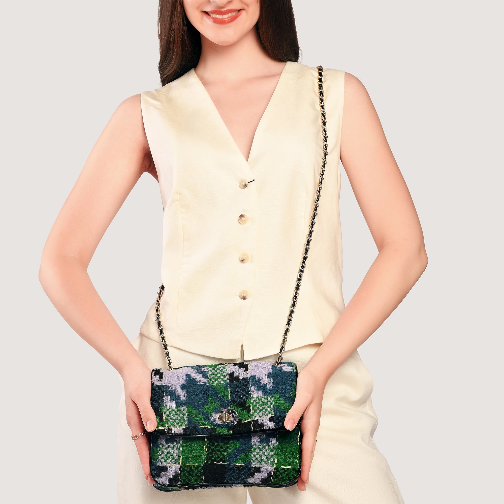 Accessorize London Women's Green Tweed Cross Body Bag