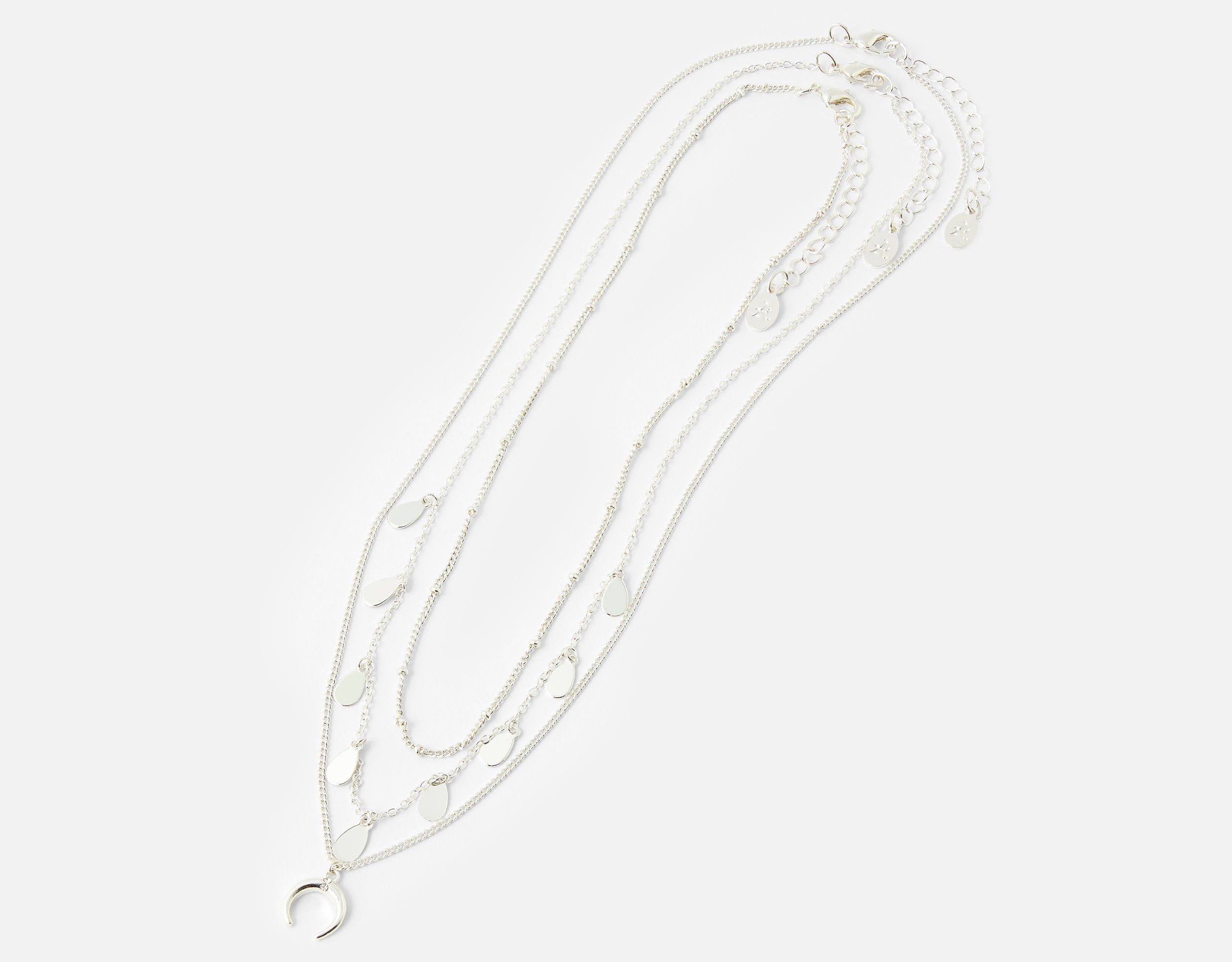 Accessorize London Women's Set Of 3 Horn & Droplet Multirow Silver Necklace