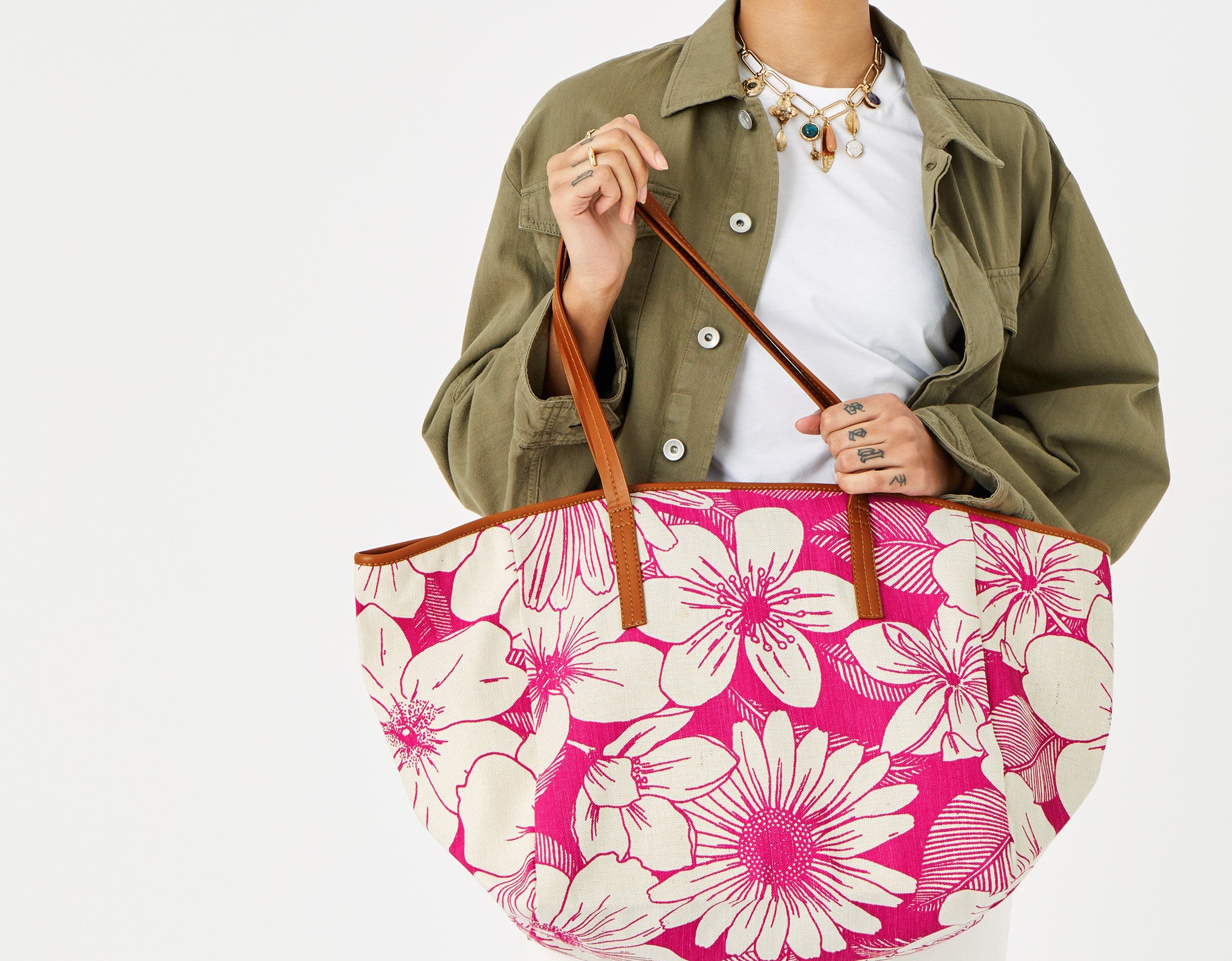 Accessorize London Women's Pink Floral Perla Print Cotton Shopper Bag