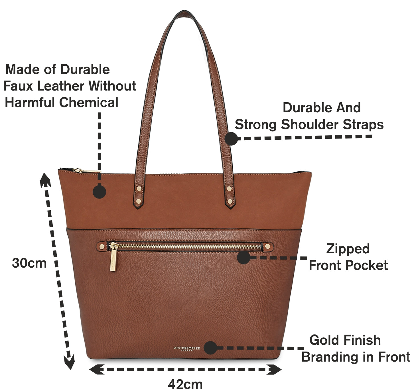 Accessorize London Women's Faux Leather Tan Pocket Molly Tote bag