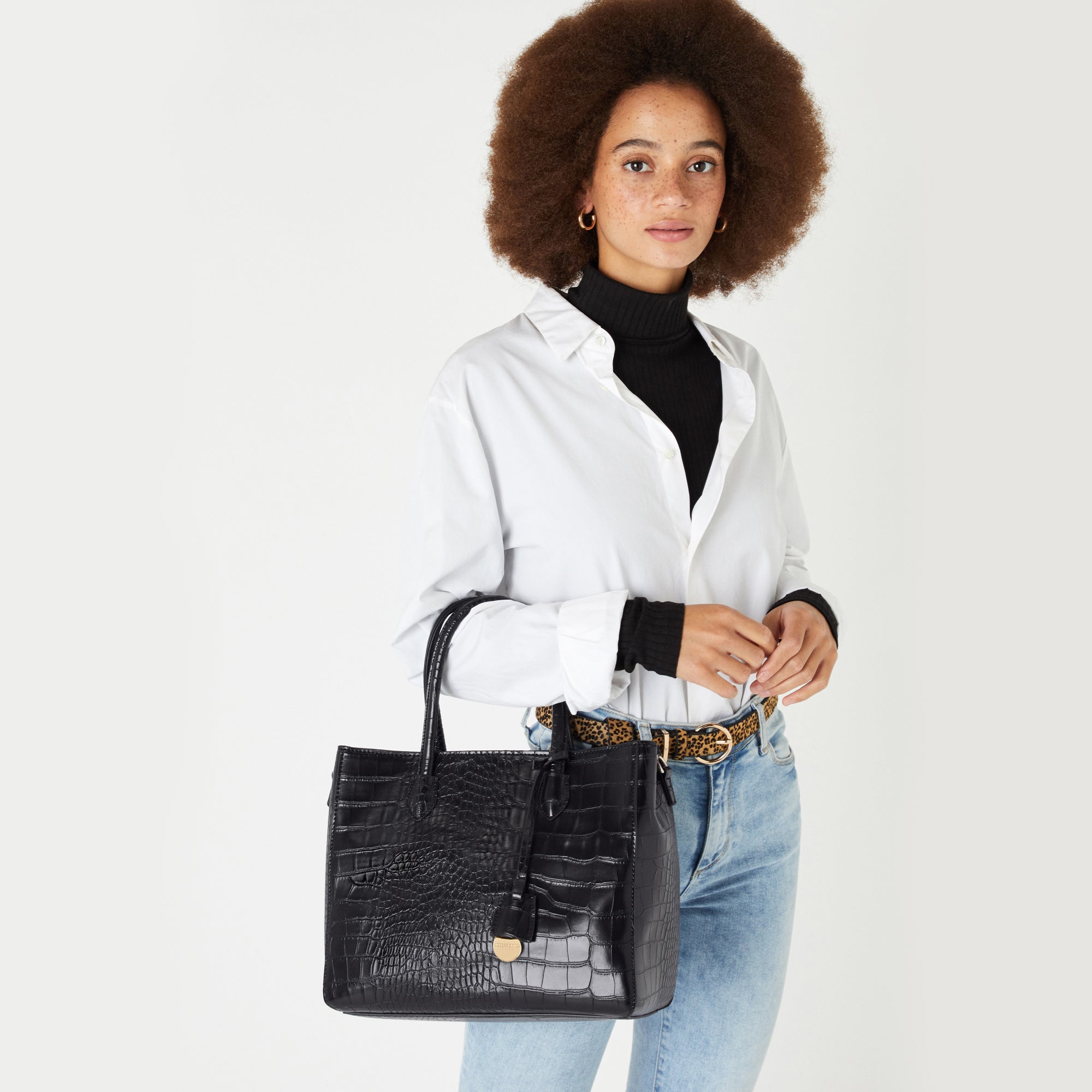 Accessorize London Women's Faux Leather Black Gemma croc handheld Satchel Bag