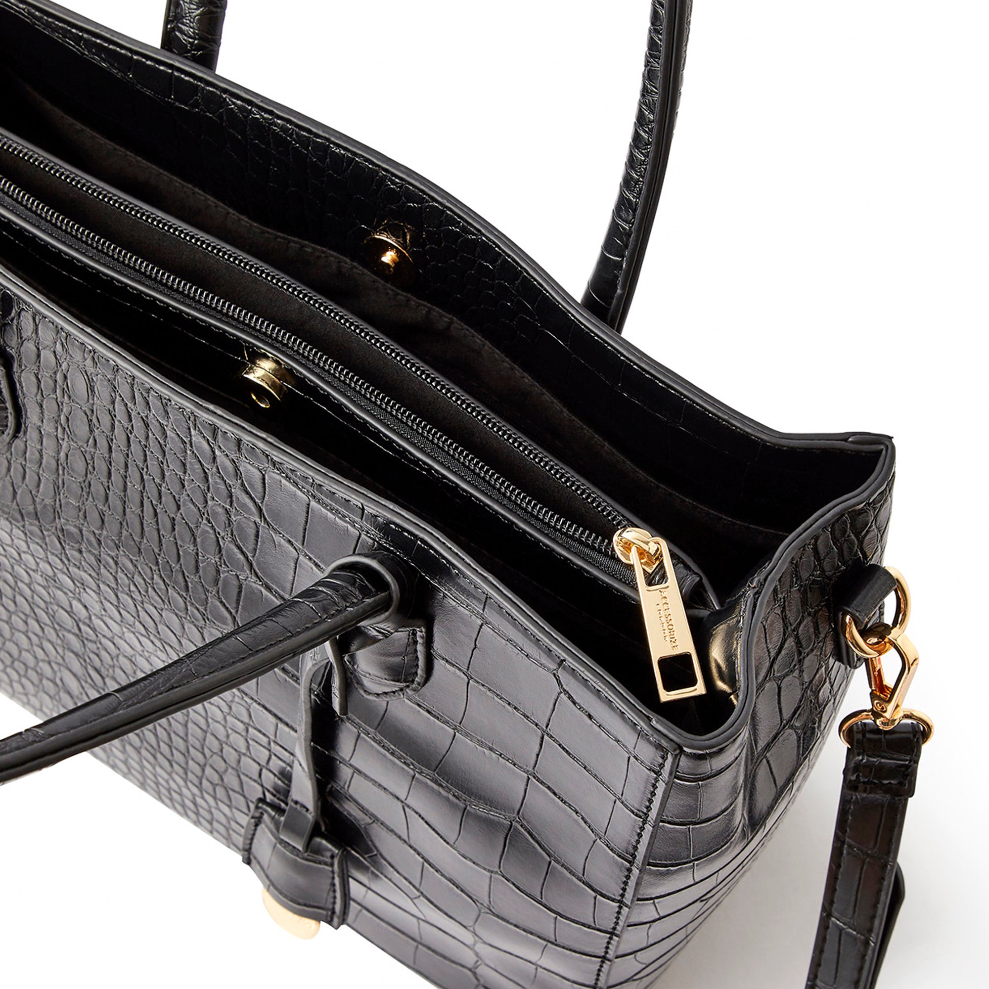 Accessorize London Women's Faux Leather Black Gemma croc handheld Satchel Bag