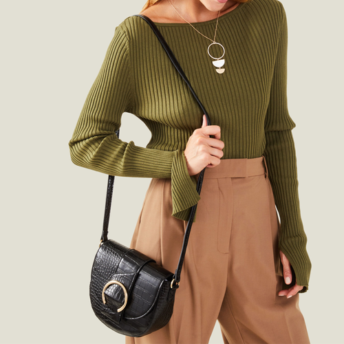 Accessorize London Women's Black Faux Croc Ring Detail Saddle Bag