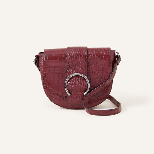 Accessorize London Women's Burgundy Faux Croc Ring Detail Saddle Bag