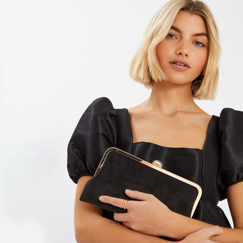 Black Suedette Clip Frame Clutch Bag
