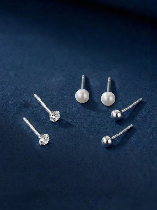 925 Sterling Silver-Plated Pearl Mix Stud Earrings
