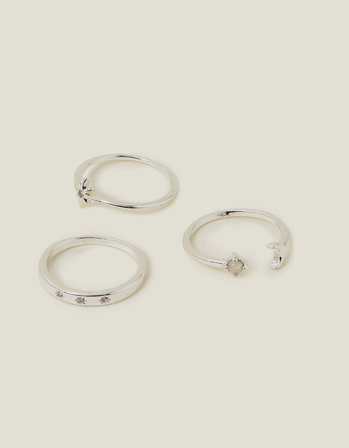 Accessorize London Women's Sterling Silver-Plated Celestial Rings Silver 3-Pack-Large