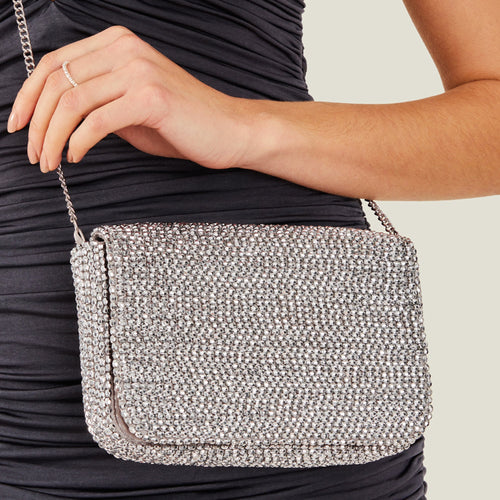 Accessorize London Women's Silver Fold Over Beaded Clutch Bag
