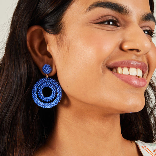 Accessorize London Women's Beaded Blue Drop Hoop Earrings