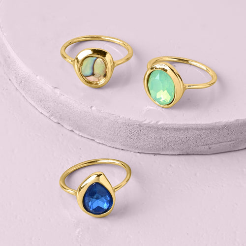 Accessorize London Women's Gold  Molten Gem Rings Green Set Of 3 - SMALL