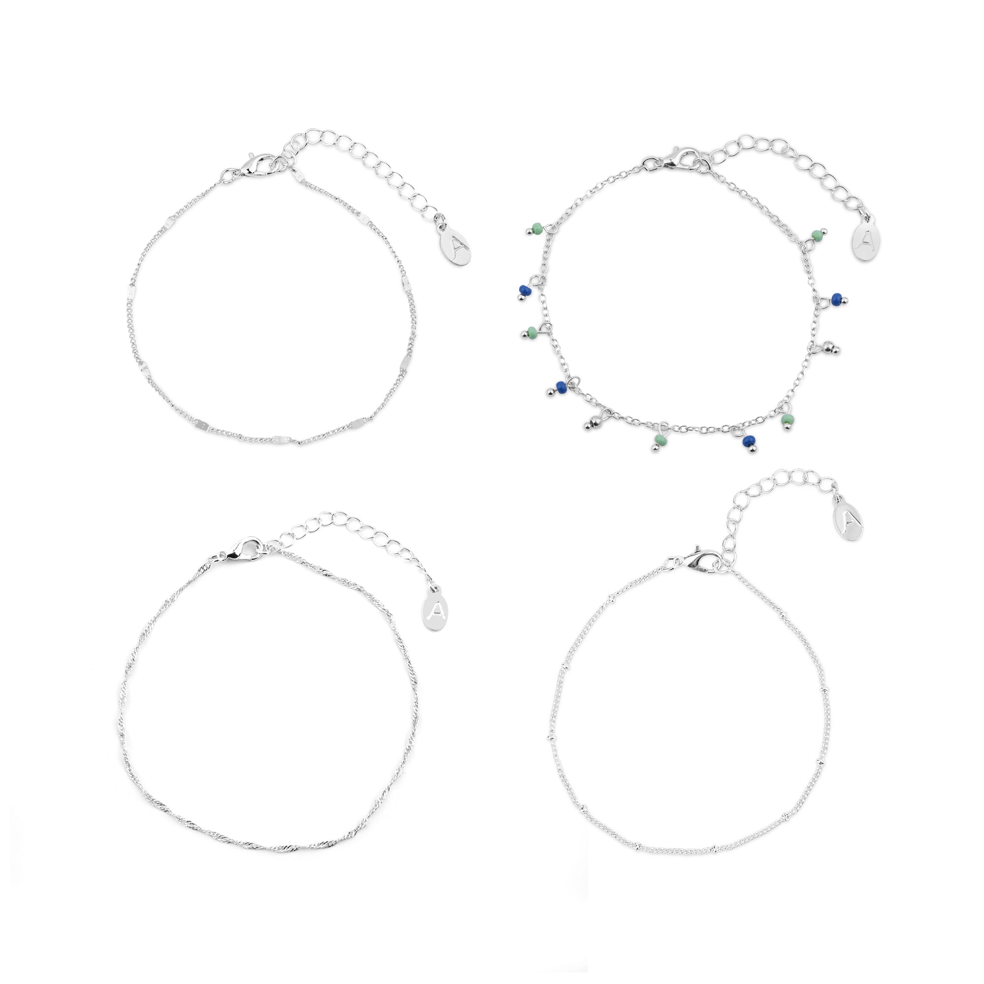 Silver Bead Drop Anklets Pack Of 4