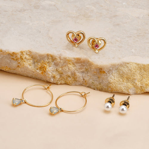 Accessorize London Women's Gold  Heart Stud And Hoops Pack of Three