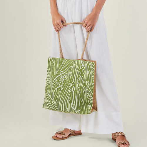 Green Leaf Print Jute Shopper beach bag