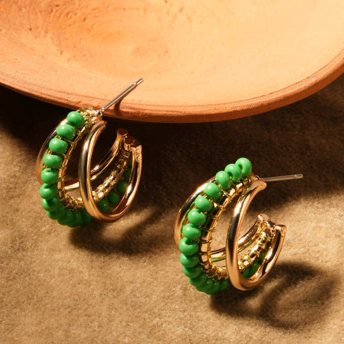 Accessorize London Women's Green Triple Bead Hoop Earrings