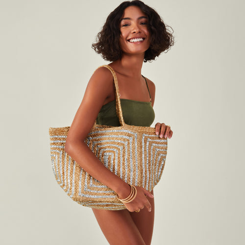 Cream Metallic Jute Beach Bag