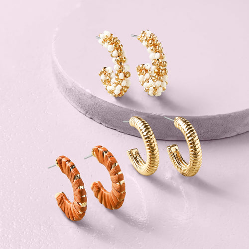 Accessorize London Women's Multi  Raffia Beaded Hoop Earrings Set Of 3
