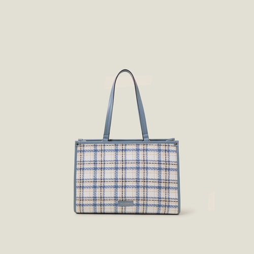 Blue Textile Check Tote Bag