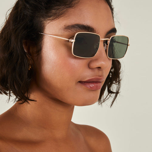 Green Metal Frame Slim Square Sunglasses