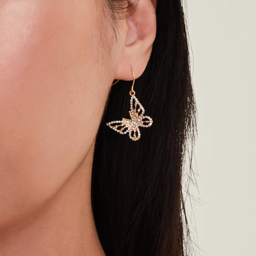 Gold Butterfly Pave Drop Earrings
