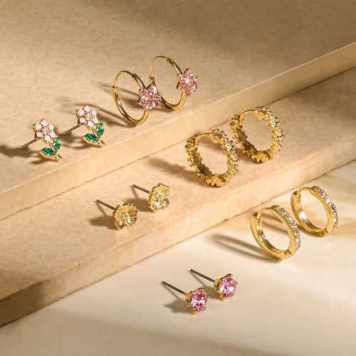 Gold Flower Stud And Hoop Earrings