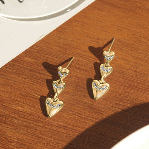 Gold Triple Heart Drop Earrings