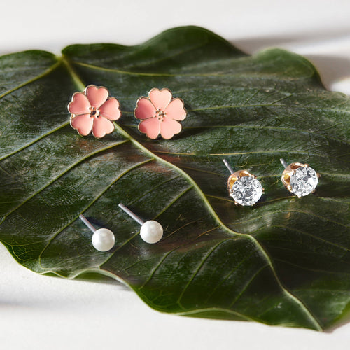 Pink Enamel Flower Stud Earrings Set Of 3