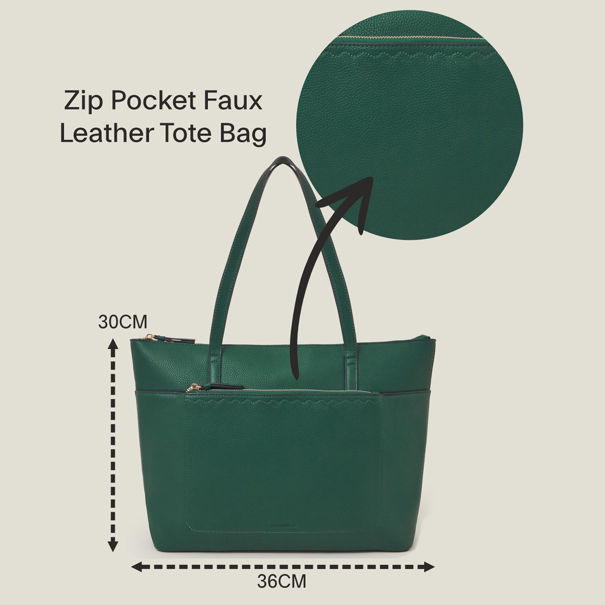 Accessorize London Women's Green Zip Pocket Faux Leather Tote Bag