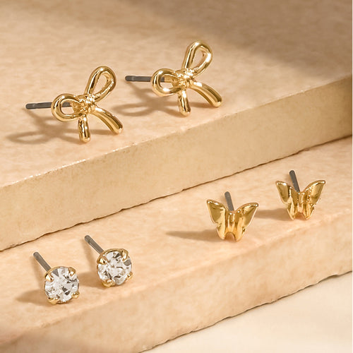 Gold Butterfly Bow Stud Earrings Set Of 3