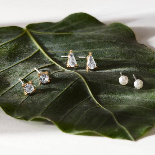 Gold Crystal Stud Earrings Set Of 3