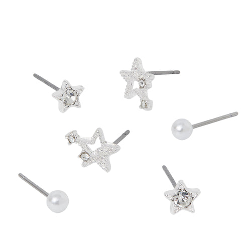 Silver Set Of 3 Star Stud Earring Pack