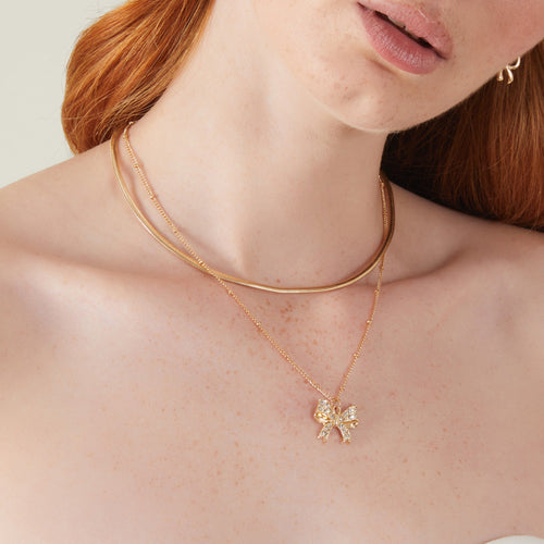 Gold Layered Pave Bow Pendant Necklace