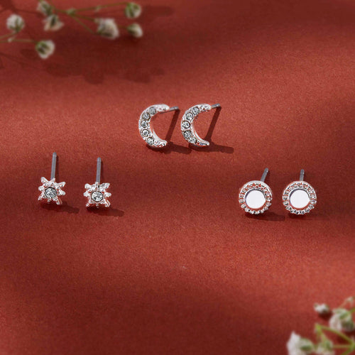 Silver Pave Moon Stud Earrings Set Of 3