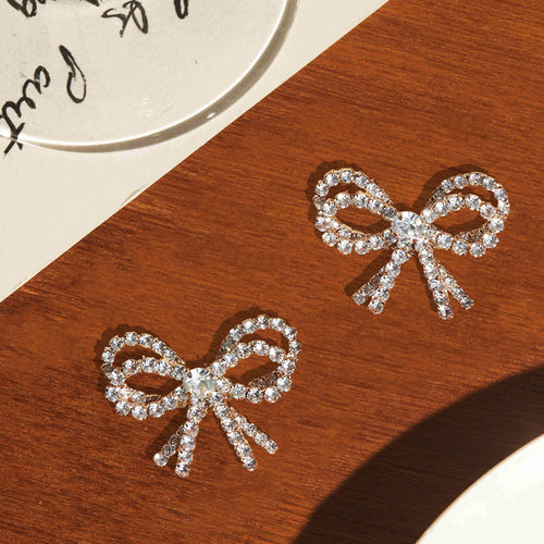 Gold Double Diamante Bow Stud Earrings