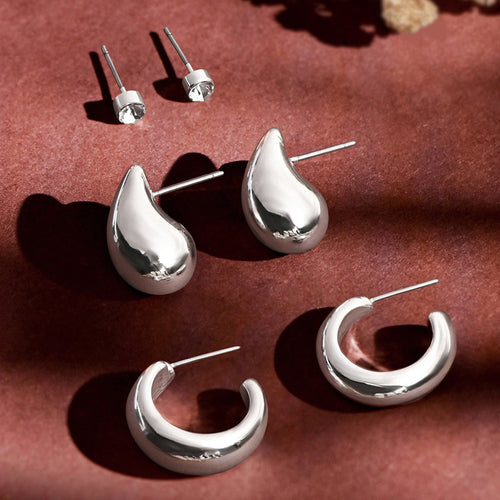 Silver Curve Drop Earrings Set Of 3