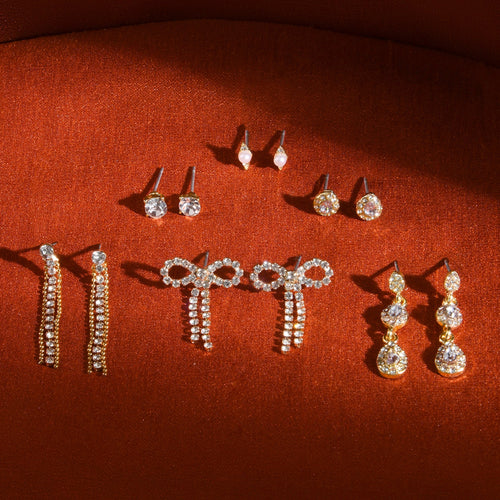 Gold Diamante Bow Drop And Stud Earrings Set Of 6