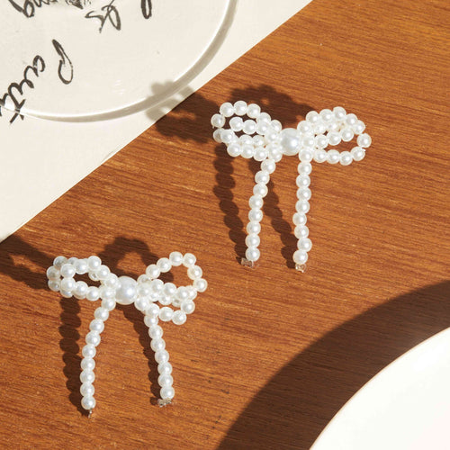 White Pearl Bead Bow Stud Earrings