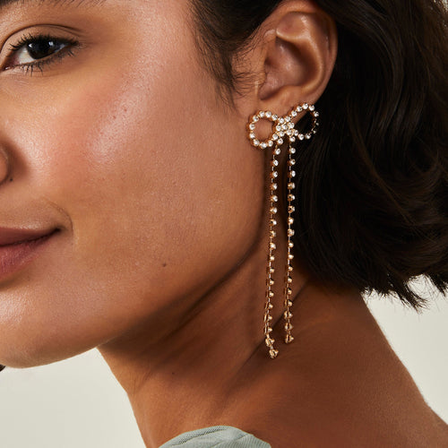 Gold Diamante Long Bow Drop Earrings