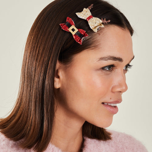 Red Christmas Glitter Bow Hair Clips Set Of 2