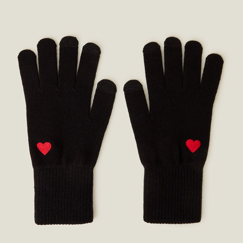 Touchscreen Heart Embroidered Knit Gloves Black