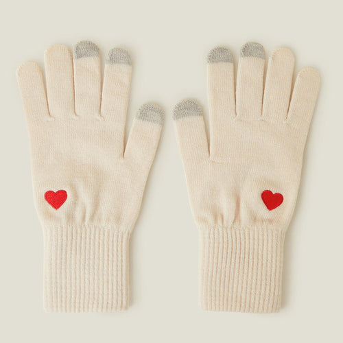 Touchscreen Heart Embroidered Knit Gloves Natural