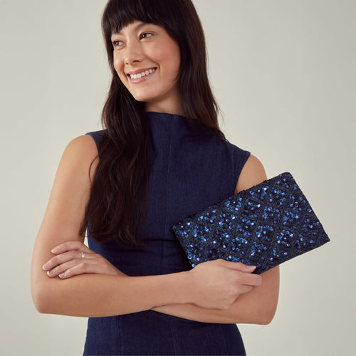 Blue Tianna Metallic Embellished Clutch Bag