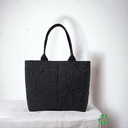 Black Recycled Polyester Floral Quilted Nylon Tote Bag