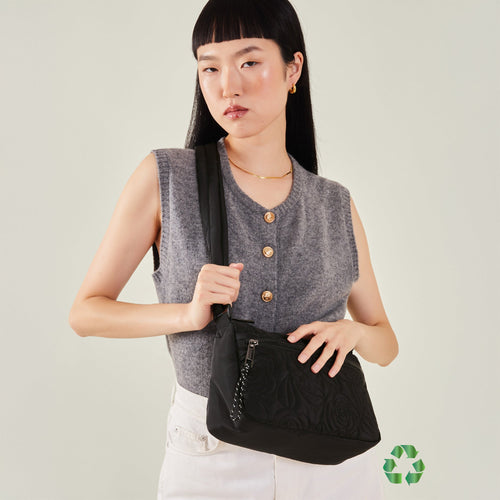 Black Recycled Polyester Floral Quilted Camera Bag