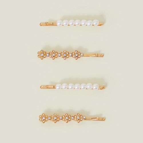 Gold Pearl Diamante Flower Hair Clips Set Of 4