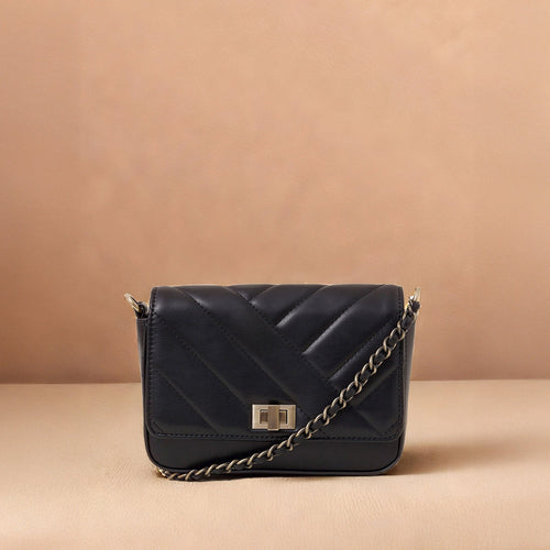 Black Chain Strap Faux Leather Sling Bag