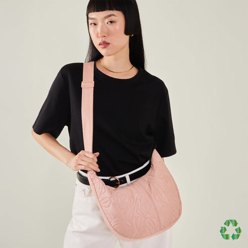 Pink Recycled Polyester Large Floral Quilted Sling Bag